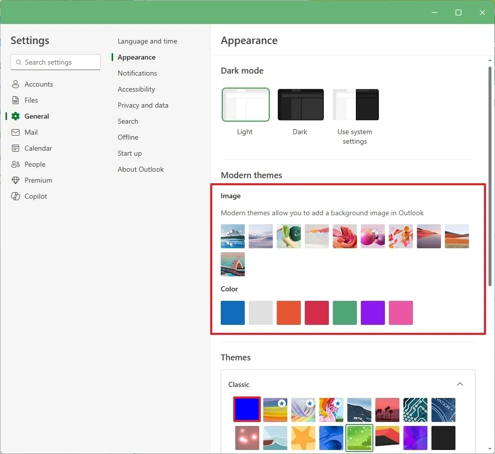 Outlook change theme