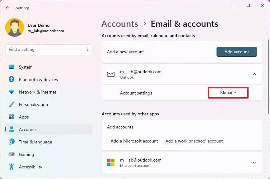 Settings remove email accounts