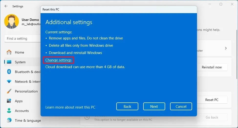 Reset this PC change settings