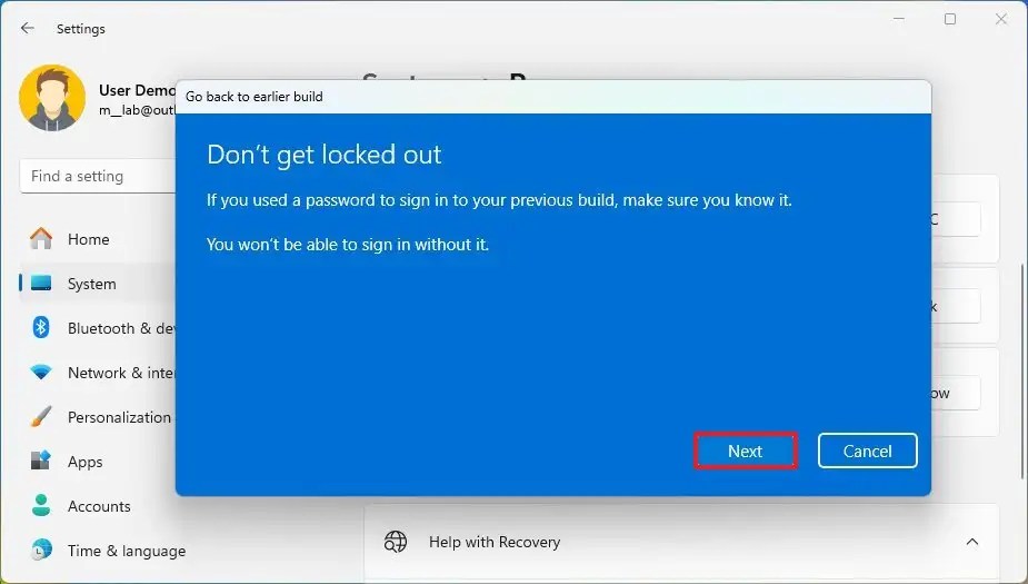 Windows 11 rollback password warning