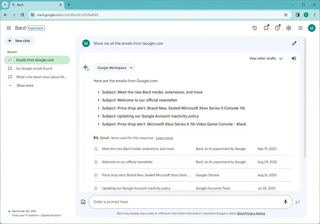 Google Bard extension usage