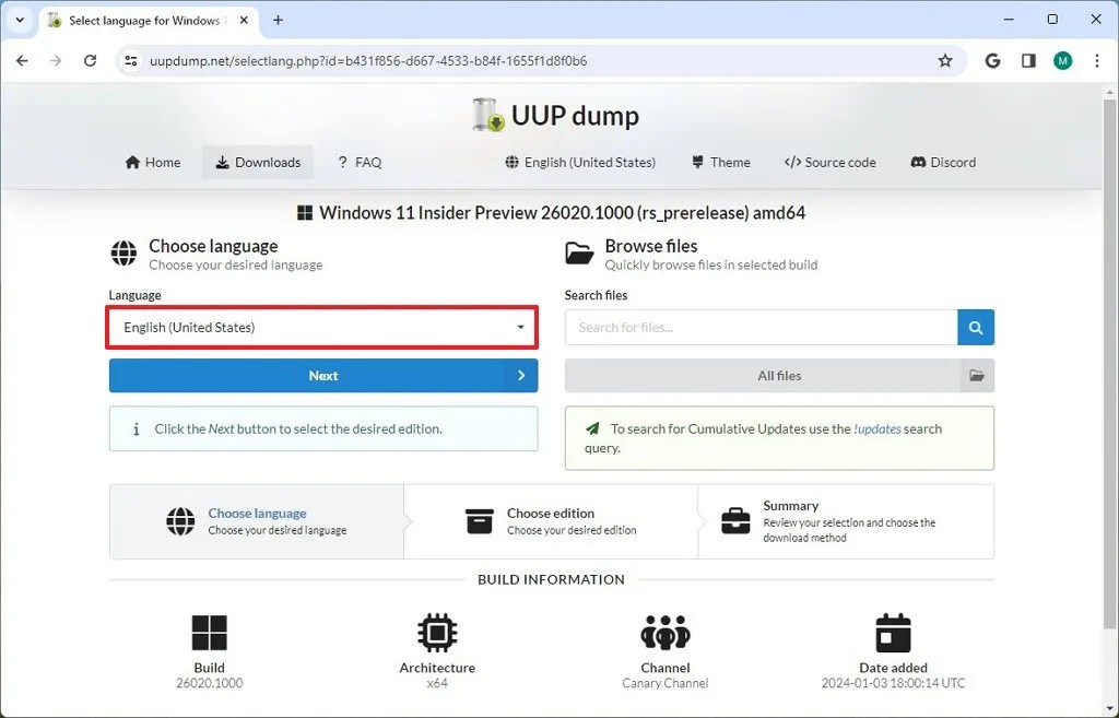 UUP Dump ISO language