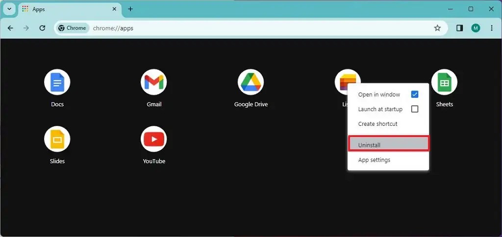 Chrome uninstall Microsoft Lists app