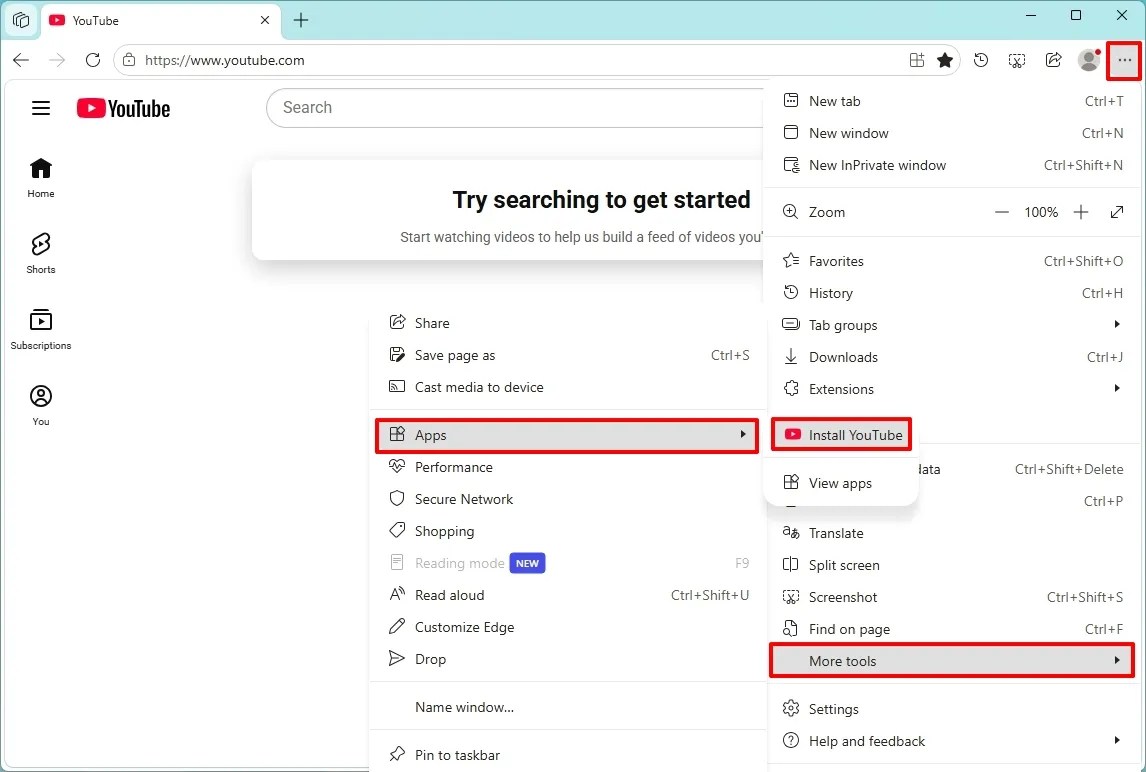 Microsoft Edge install YouTube app