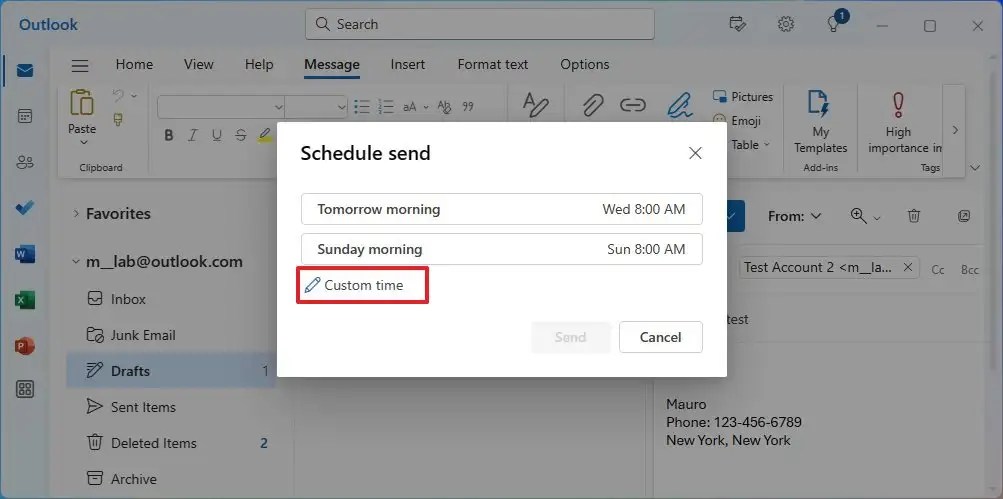 Outlook schedule custom time