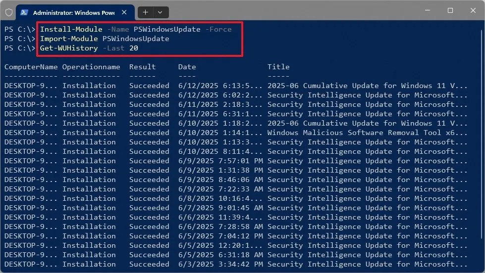 PowerShell view Windows Update history