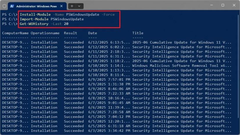 PowerShell view Windows Update history