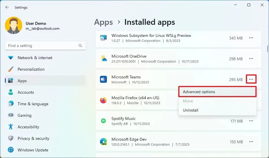 App advanced options