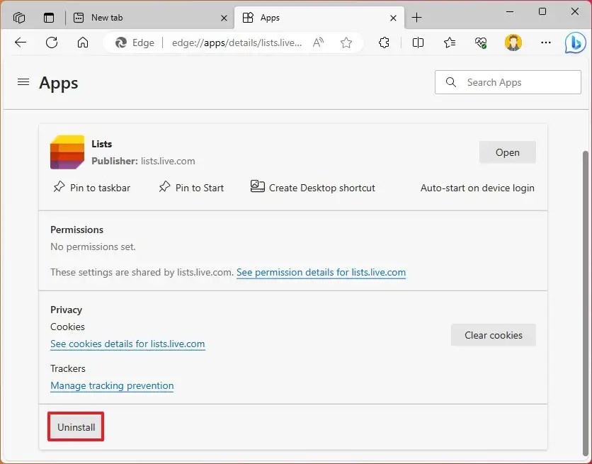 Uninstall Microsoft Lists from Edge