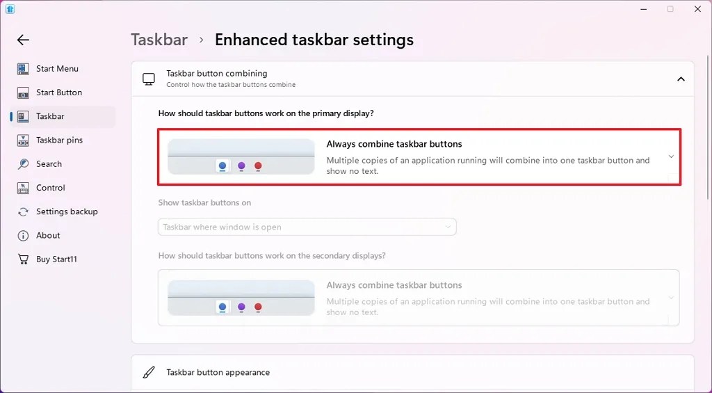 Always combine taskbar