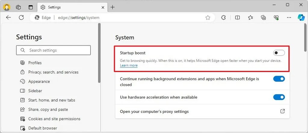 Microsoft Edge disable Startup Boost