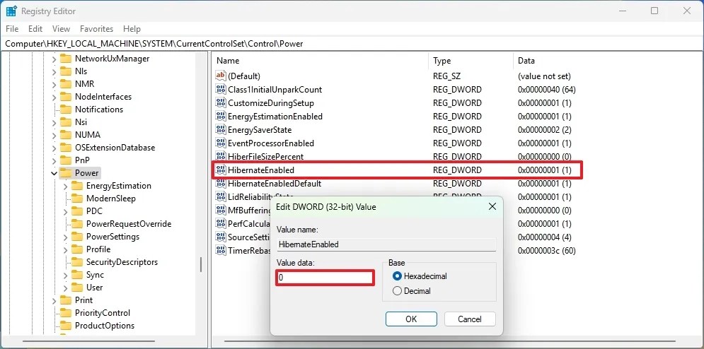 Registry disable Hibernate