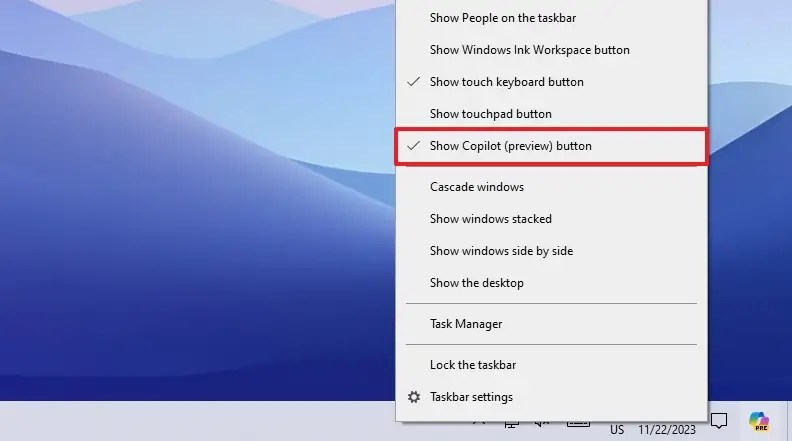 Show Copilot button on Windows 10