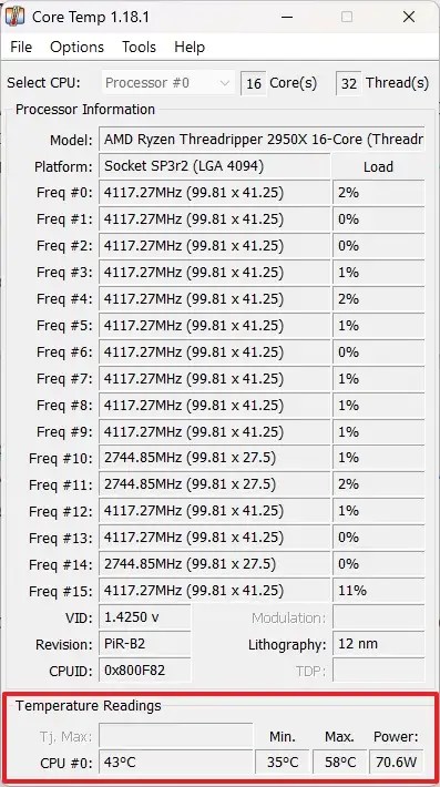 Core Temp CPU temperature readings