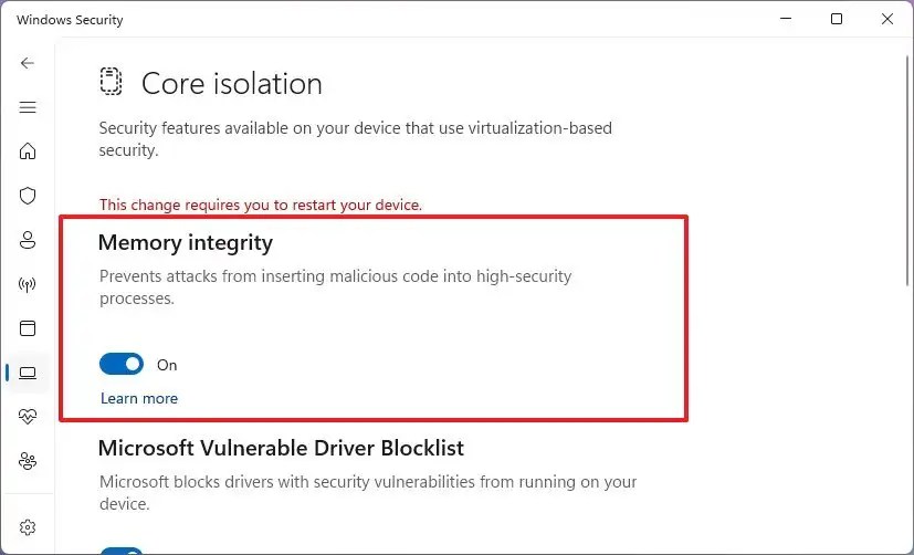Windows Security enable memory integrity