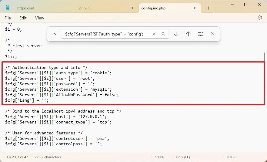 Config.inc.php Authentication type and info