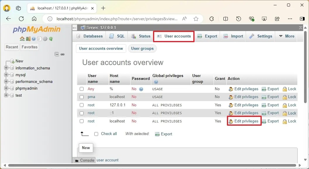 MySQL edit root settings