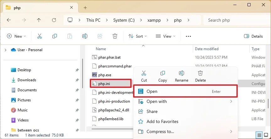 XAMPP open php.ini 