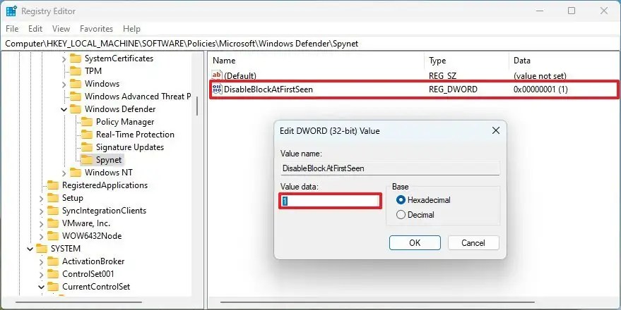 Registry DisableBlockAtFirstSeen DWORD