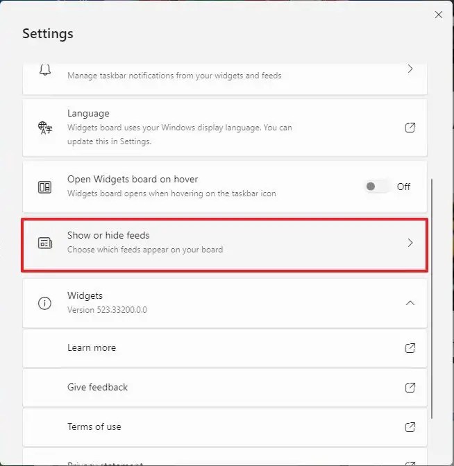 Show or hide feeds setting