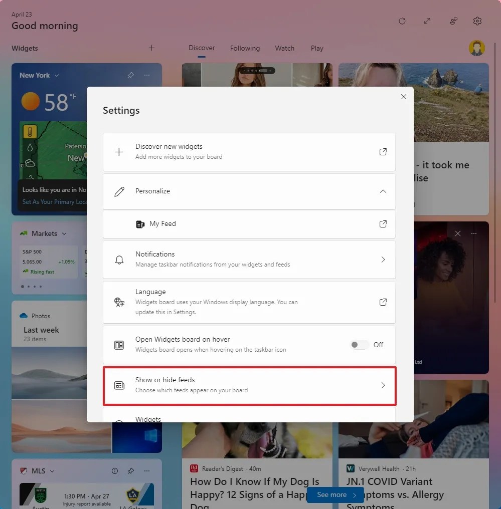 Show or hide feeds settings