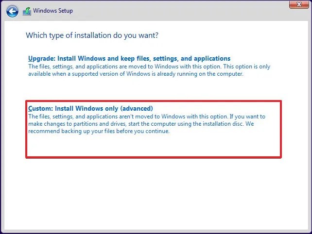 Windows 10 custom install option