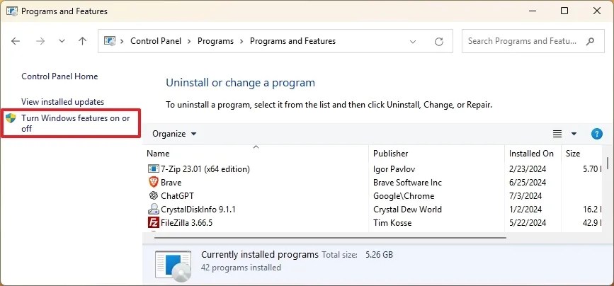 Turn Windows features on or off