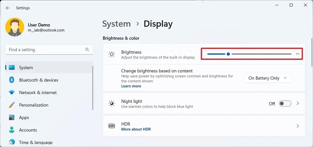 Windows 11 Settings change brightness