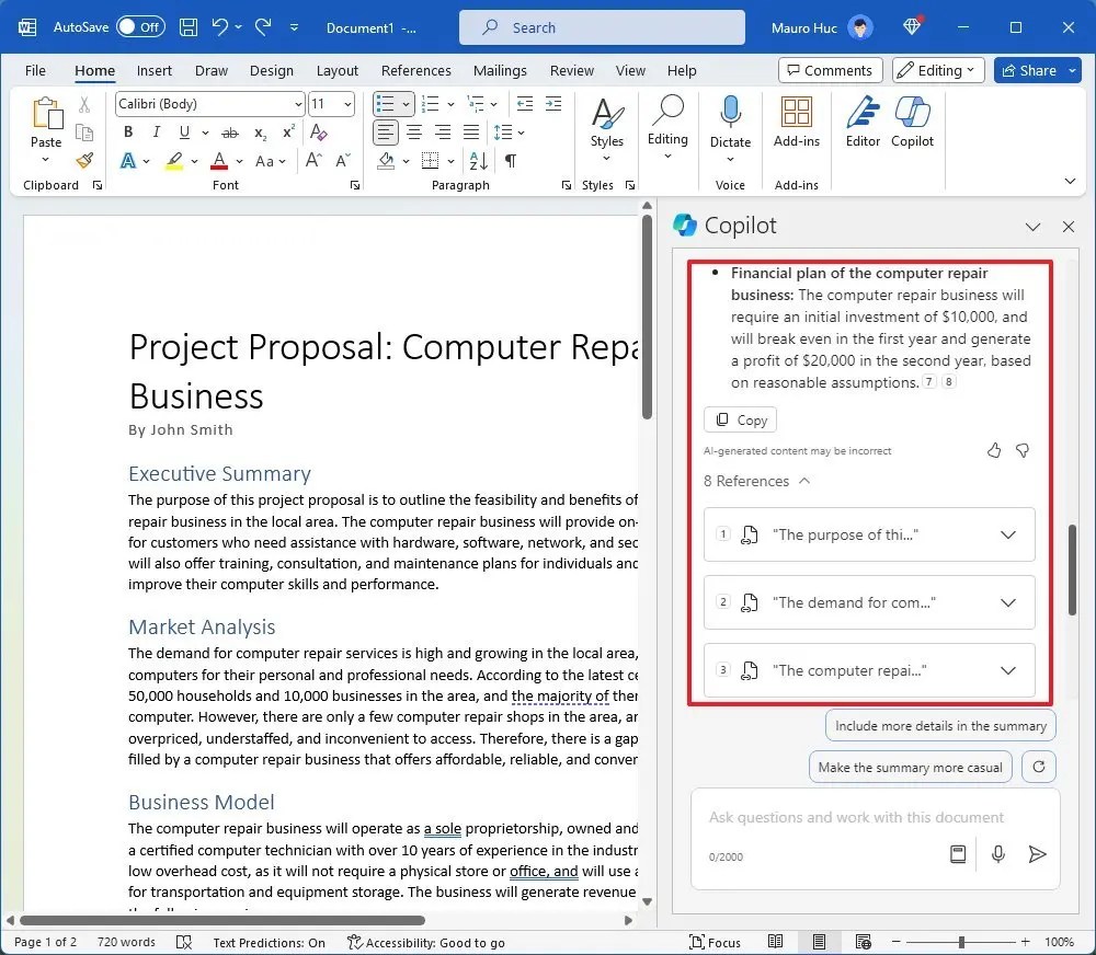 Copilot Word document summary