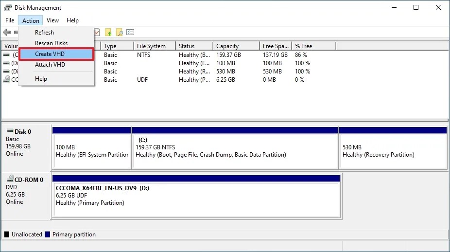 Disk Management create VHDX option