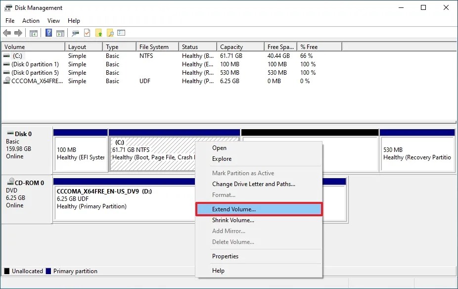 Disk Management Extend Volume