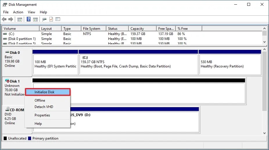Initialize VHDX as drive 