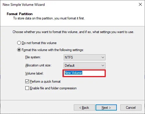 New partition format settings