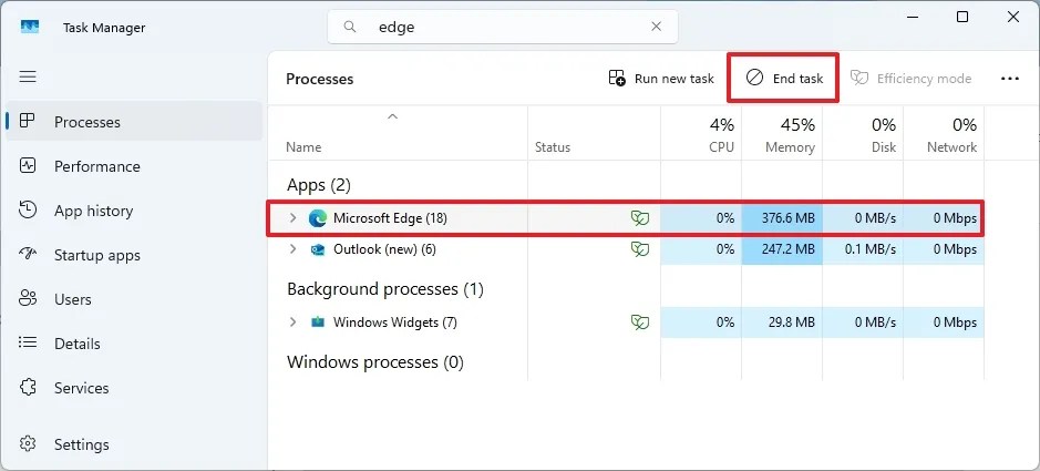 Task Manager close Edge processes
