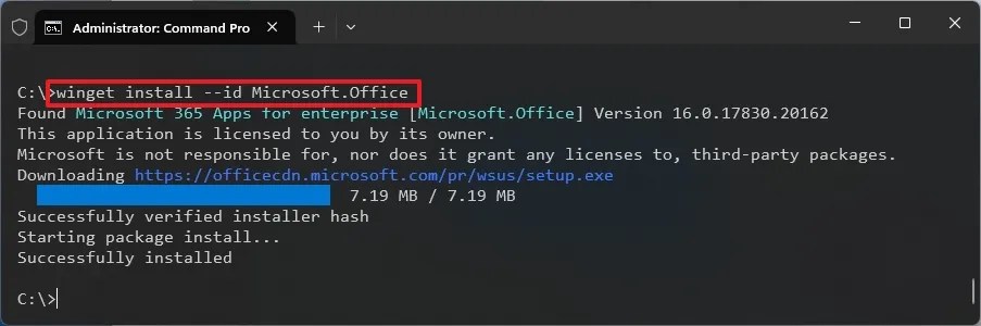 winget command install Microsoft 365 apps
