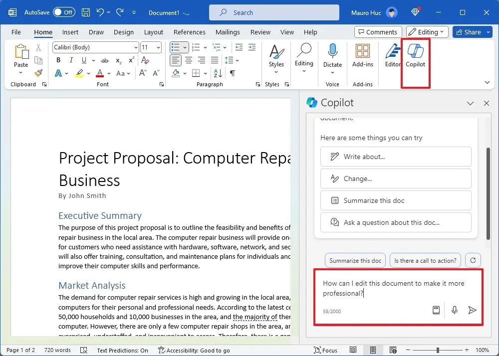 Word Copilot chat UI
