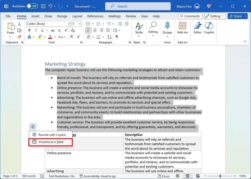 Copilot Visualize as a Table option