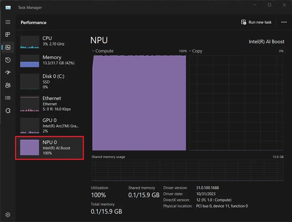 タスクマネージャーによるNPUのチェック