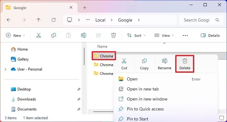 Windows 11 delete Chrome folder to reset browser