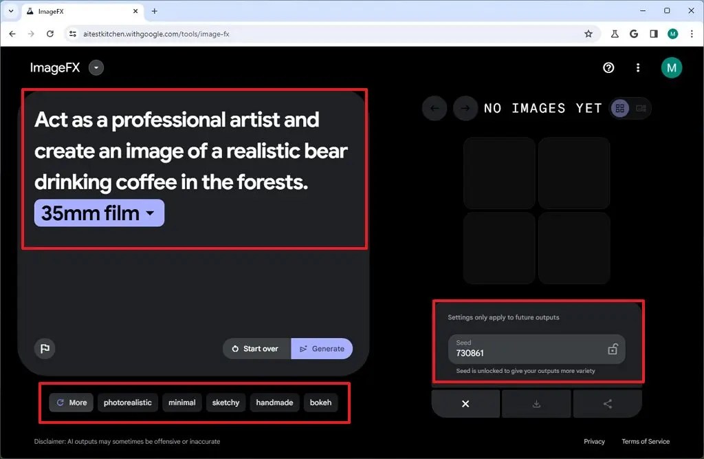 ImageFX create AI image prompt 