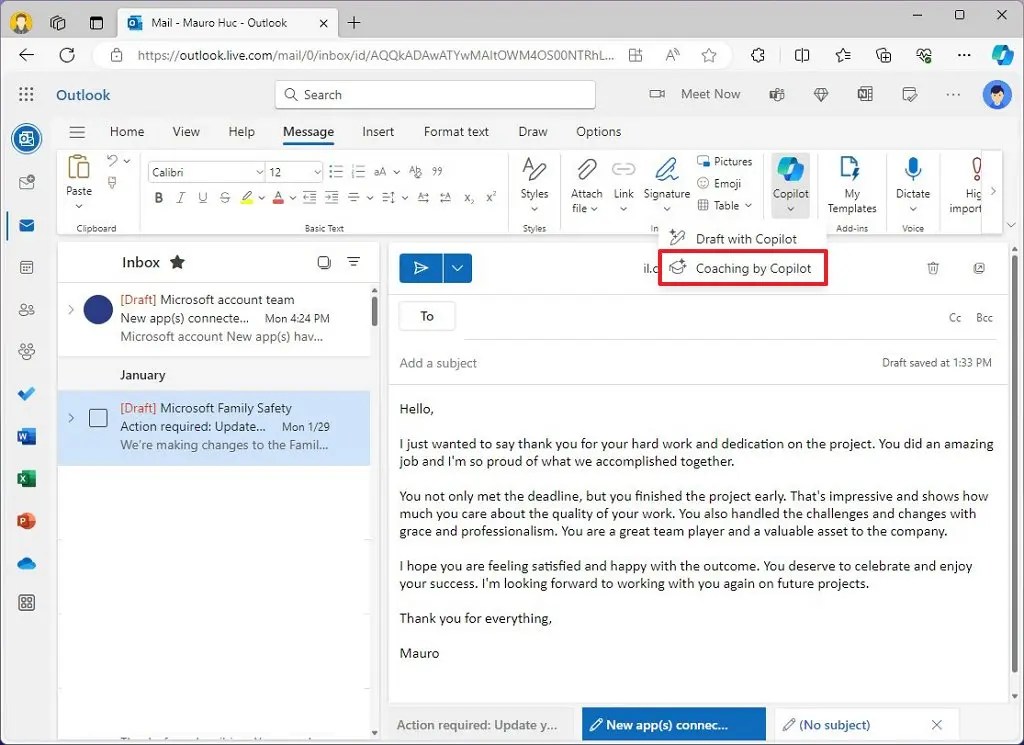 Outlook Copilot murabbiylik opsiyasi