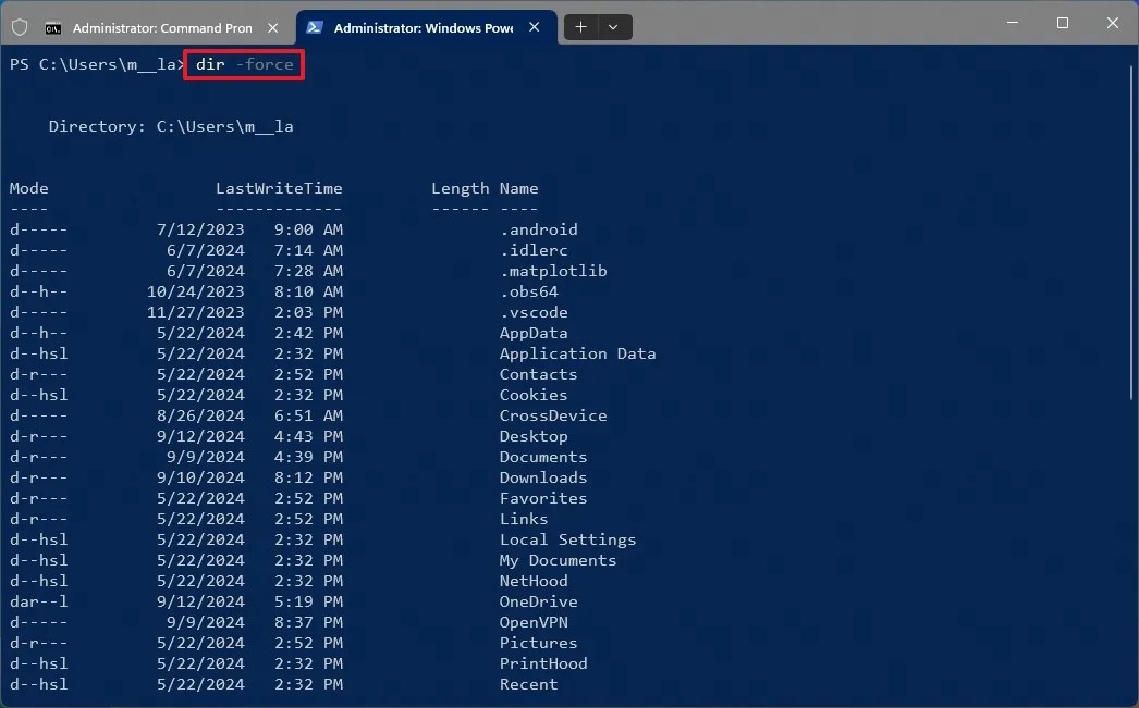 PowerShell show hidden files and directories