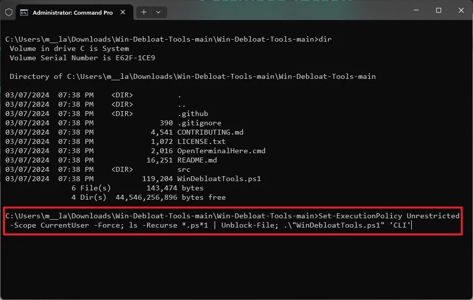 Win Debloat Tools PowerShell command