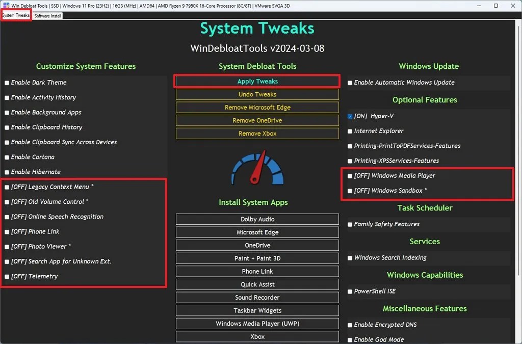 Win Debloat Tools system tweaks
