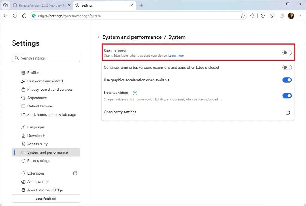 Microsoft Edge disable Startup Boost