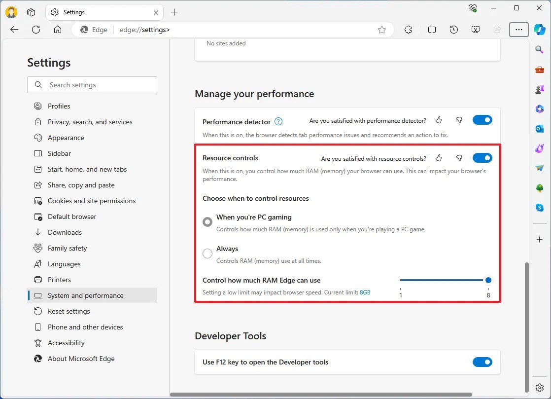 Microsoft Edge resource controls settings