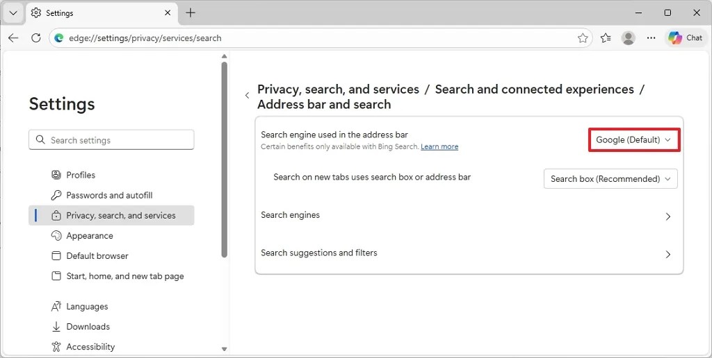 Edge set Google as default search engine