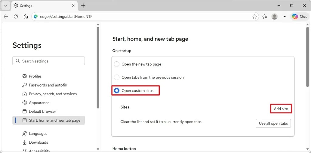 Edge set Google startup page