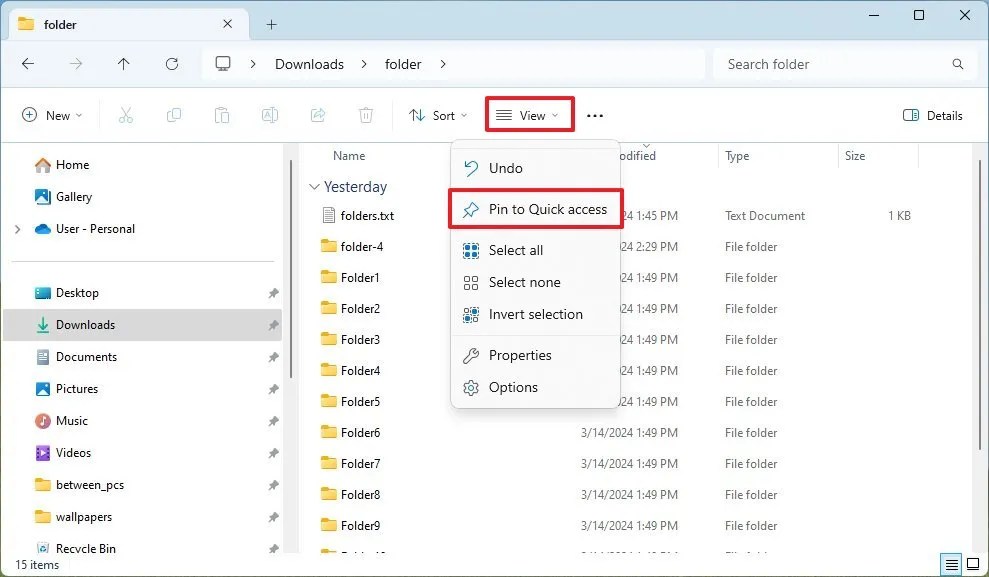 Pin folder to Quick access
