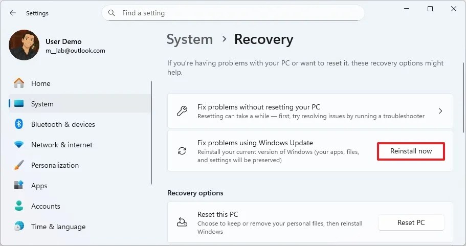 Reinstall now option